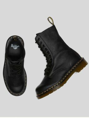 Dr. Martens Black Leather 10-Eye Lace-Up Ankle Boots with Yellow Welt